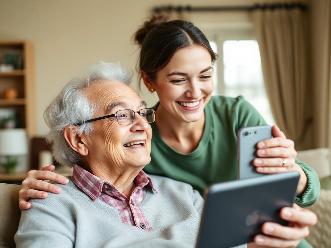 Daughter and elderly father using CareTrackAI together
